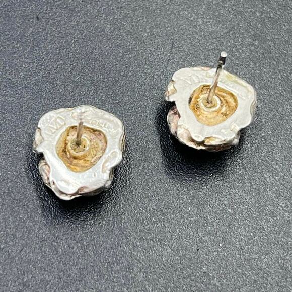 M Designer Signed Sterling Silver Diamond Cut Rose Stud Pierced Earrings Mexico - Picture 10 of 11
